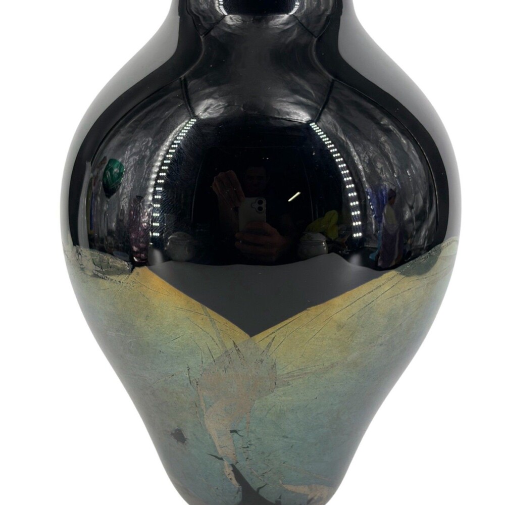 John Cook signed art glass Aurene Metallic Feather Vase Oregon 1989